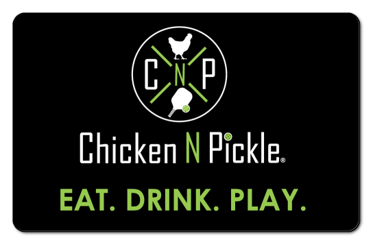 Chicken N Pickle logo on a wooden background with bird foot prints and the text Nobody Here But Us Chickens